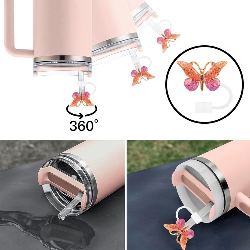 SEMATA 6PCS Cute Butterfly Straw Cover Cap for Stanley Cup Accessories,Bling Straw Toppers for Stanley Tumbler 40&30 oz,Reusable Straws Tips Protectors Compatible with 10mm Straws(Brown) - Image 3